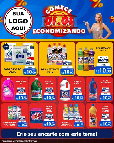 Modelo de Rede Social para Feed Instagram com o tema Comece 1º de Janeiro Economizando para Produtos de Limpeza