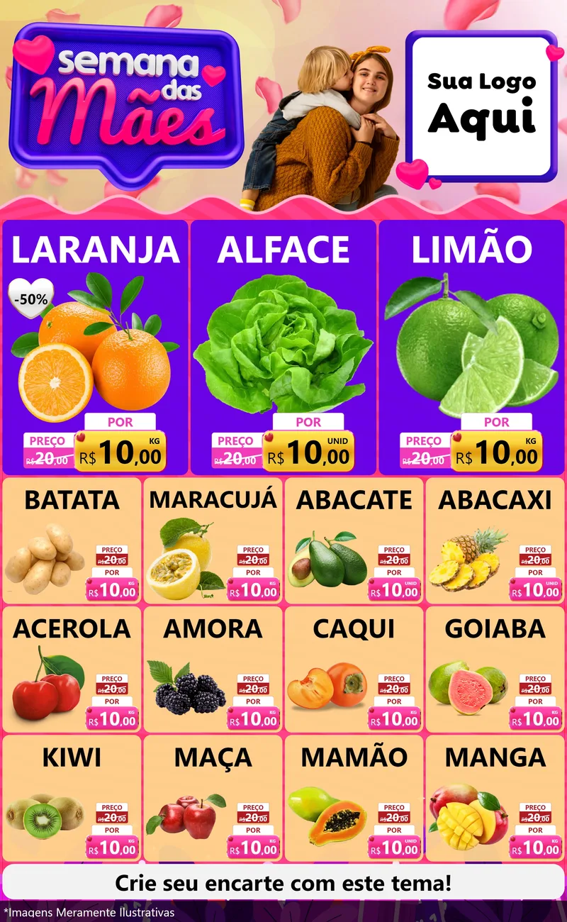 Modelo de Encarte para Encarte Grande com o tema Semana das Mães para Hortifrúti
