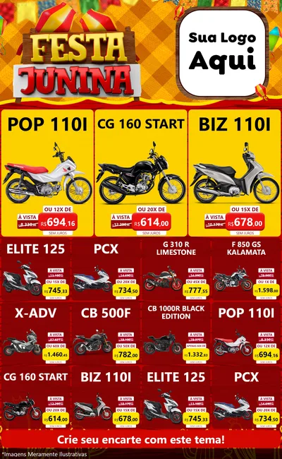 Modelo de Encarte para Encarte Grande com o tema Festa Junina para Concessionaria de Motos