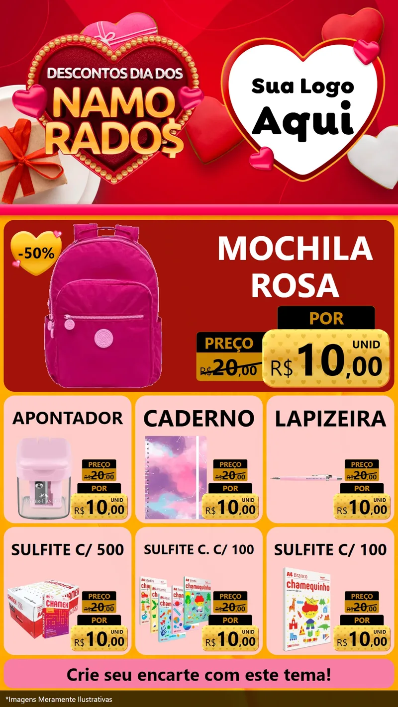 Modelo de Rede Social para Stories com o tema Descontos Dia dos Namorados para Papelaria