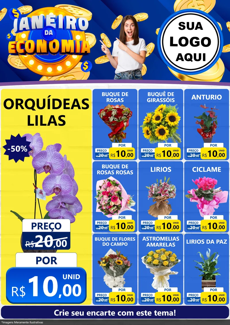 Modelo de Encarte para Encarte A4 Vertical com o tema Janeiro da Economia para Floricultura e jardim