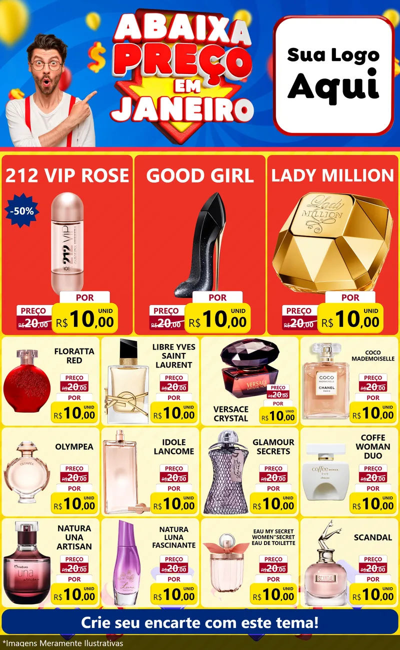 Modelo de Encarte para Encarte Grande com o tema Abaixa Preço em Janeiro para Perfumes