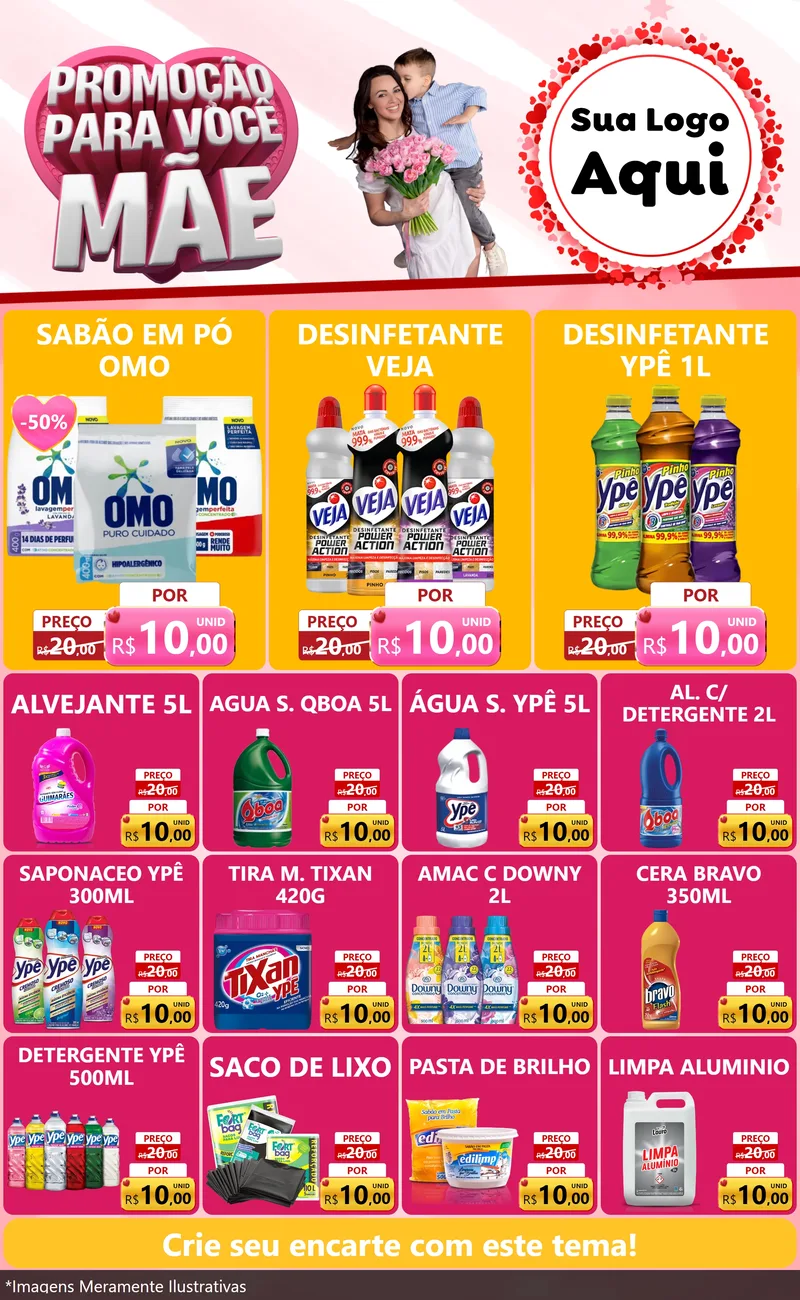 Modelo de Encarte para Encarte Grande com o tema Promoção Para Você Mãe para Produtos de Limpeza