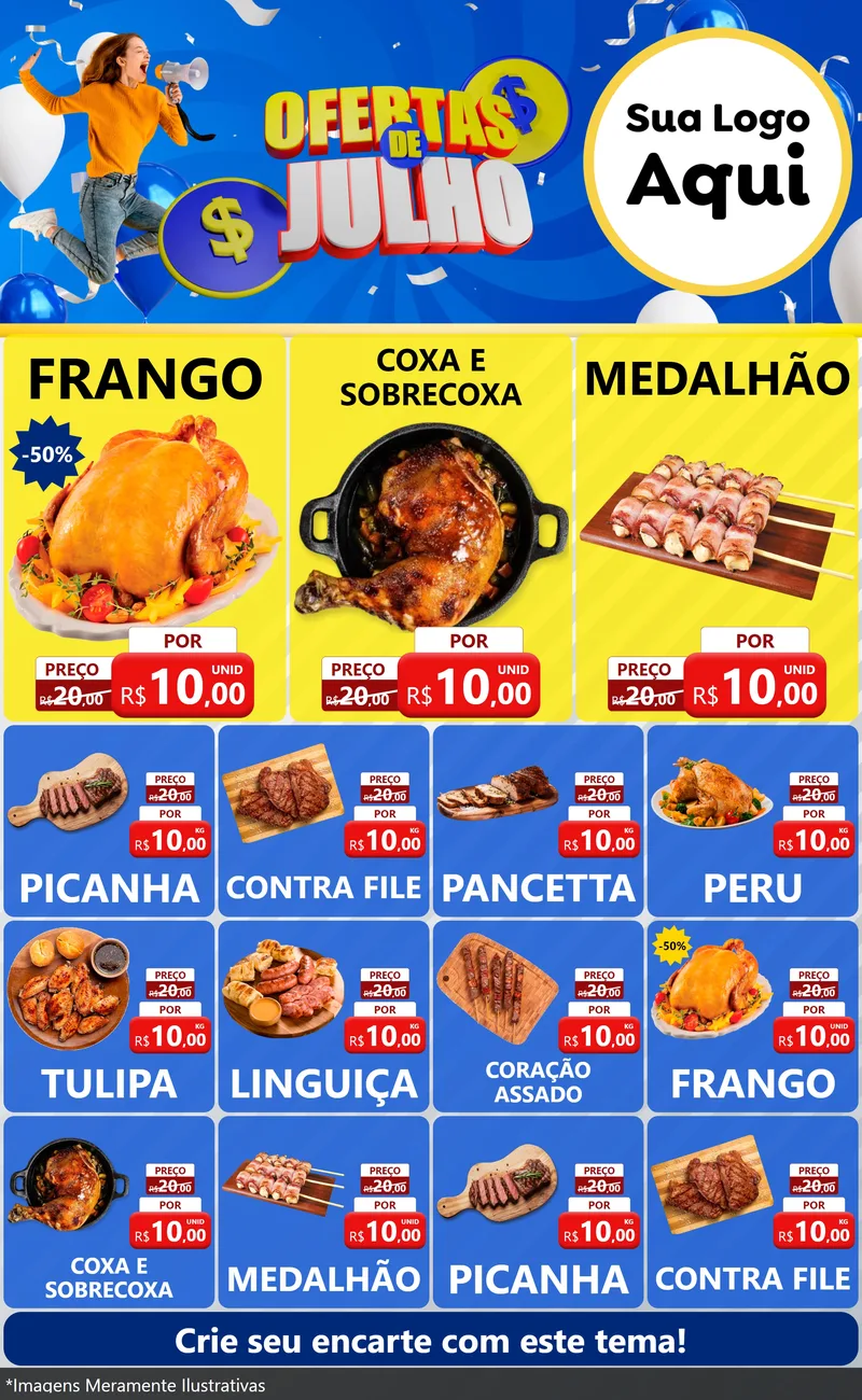 Modelo de Encarte para Encarte Grande com o tema Ofertas de Julho para Assados