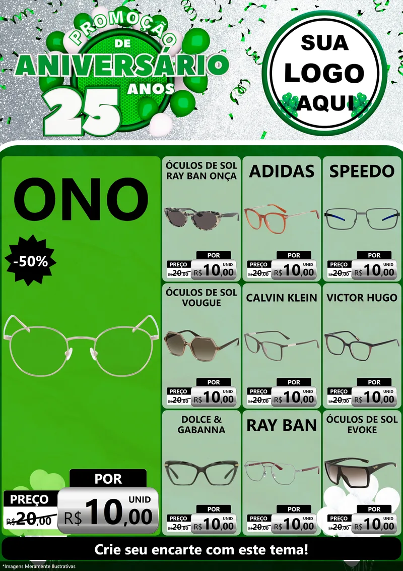 Modelo de Encarte para Encarte A4 Vertical com o tema Promoção de Aniversário - 25 Anos para Óticas