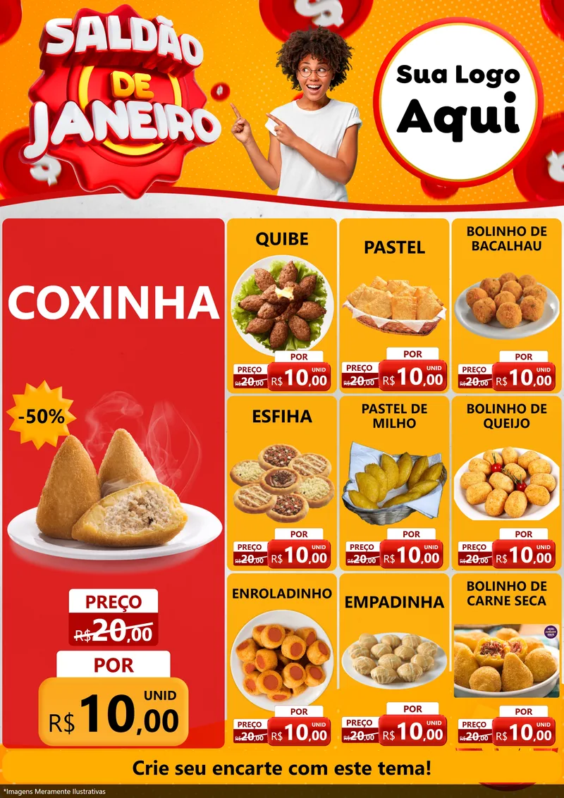 Modelo de Encarte para Encarte A4 Vertical com o tema Saldão de Janeiro para Salgadaria