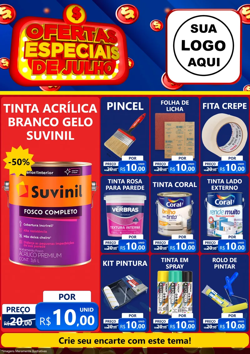 Modelo de Encarte para Encarte A4 Vertical com o tema Ofertas Especiais de Julho para Tintas e Ferramentas