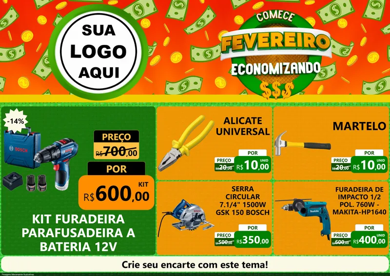 Modelo de Encarte para Encarte A4 Horizontal com o tema Comece Fevereiro Economizando para Maquinas e Ferramentas