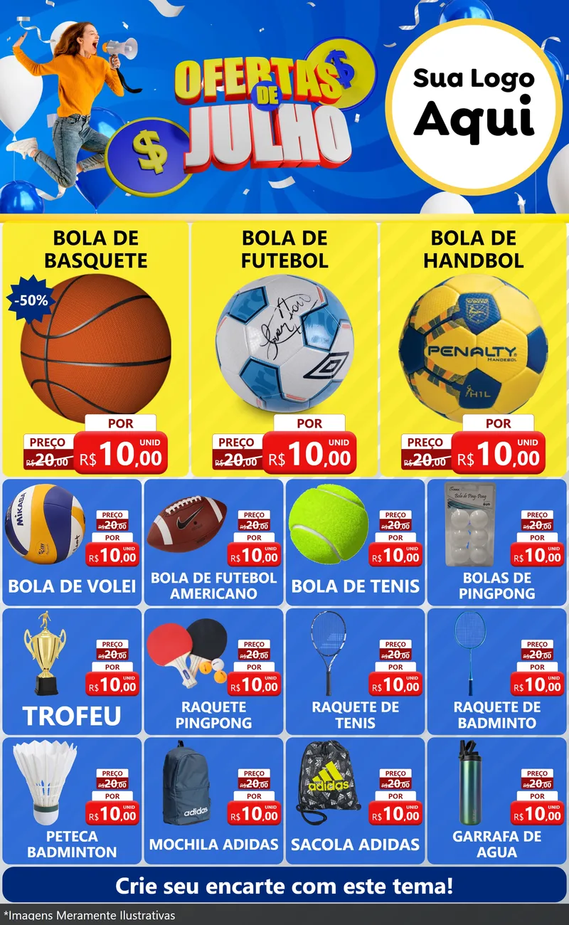 Modelo de Encarte para Encarte Grande com o tema Ofertas de Julho para Artigos Esportivos