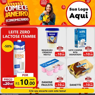 Modelo de Rede Social para Feed Facebook com o tema Comece Janeiro Economizando para Frios e Laticínios