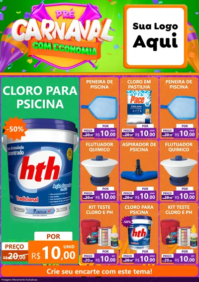 Modelo de Encarte para Encarte A4 Vertical com o tema Pré-Carnaval Com Economia para Produtos para Piscina