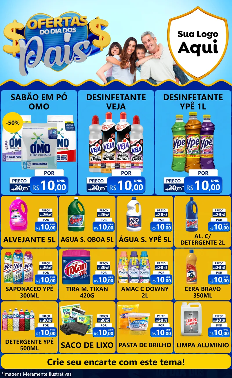 Modelo de Encarte para Encarte Grande com o tema Ofertas do Dia dos Pais para Produtos de Limpeza