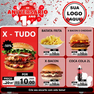 Modelo de Rede Social para Feed Facebook com o tema Promoção de Aniversário - 1 Ano para Hamburgueria