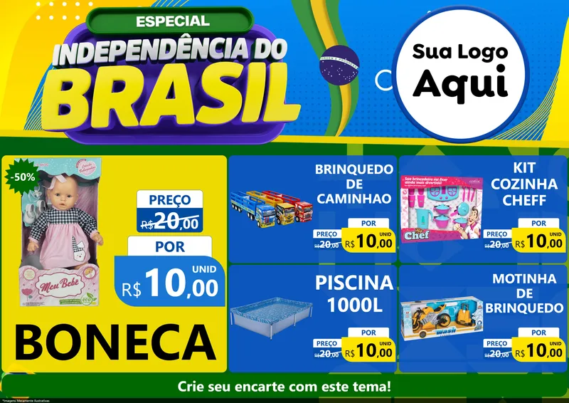 Modelo de Encarte para Encarte A4 Horizontal com o tema Especial Independência do Brasil para Brinquedos