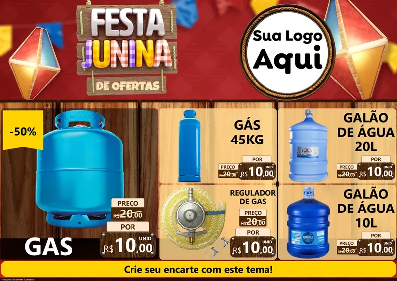 Modelo de Encarte para Encarte A4 Horizontal com o tema Festa Junina de Ofertas para Água e gás
