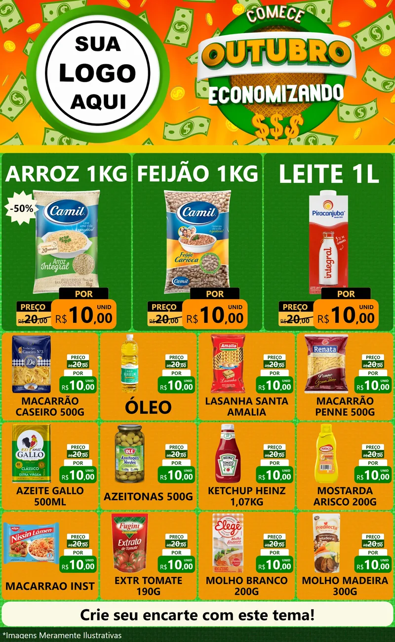 Modelo de Encarte para Encarte Grande com o tema Comece Outubro Economizando para Supermercado