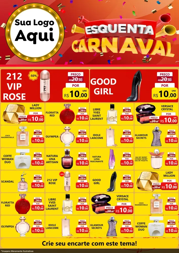 Modelo de Encarte para Encarte A4 Vertical com o tema Esquenta Carnaval para Perfumes