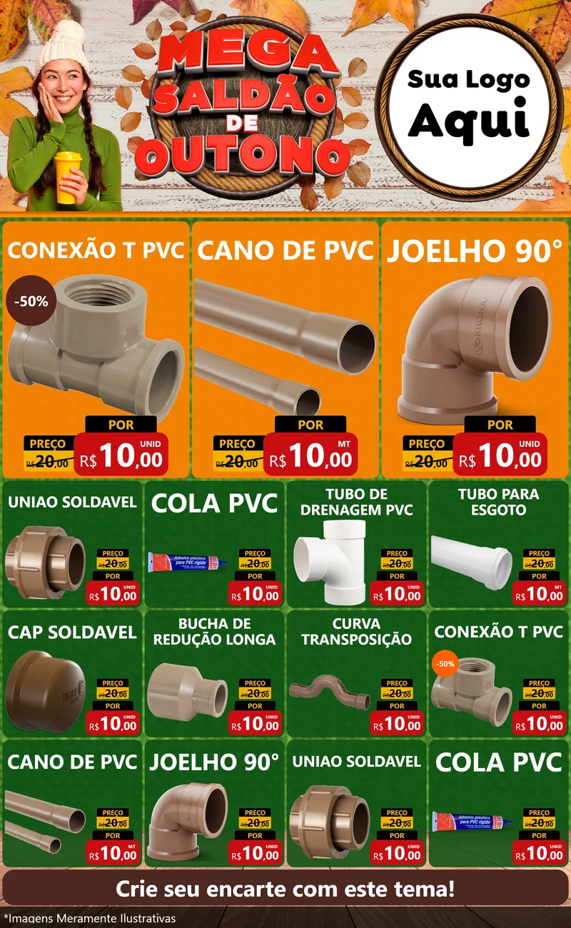 Modelo de Encarte para Encarte Grande com o tema Mega Saldão de Outono para Tubos e conexões