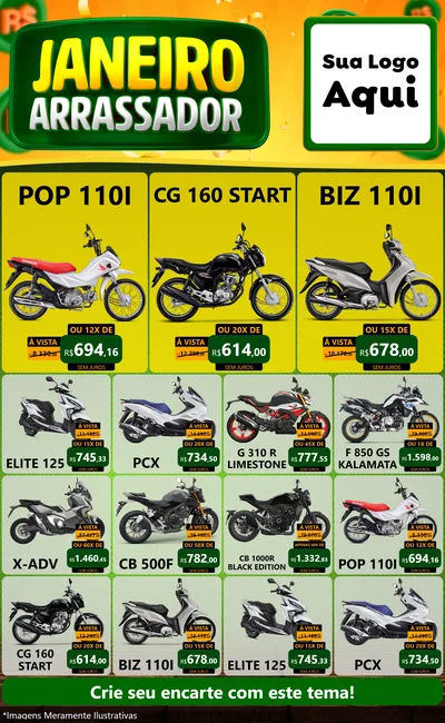 Modelo de Encarte para Encarte Grande com o tema Janeiro Arrasador para Concessionaria de Motos