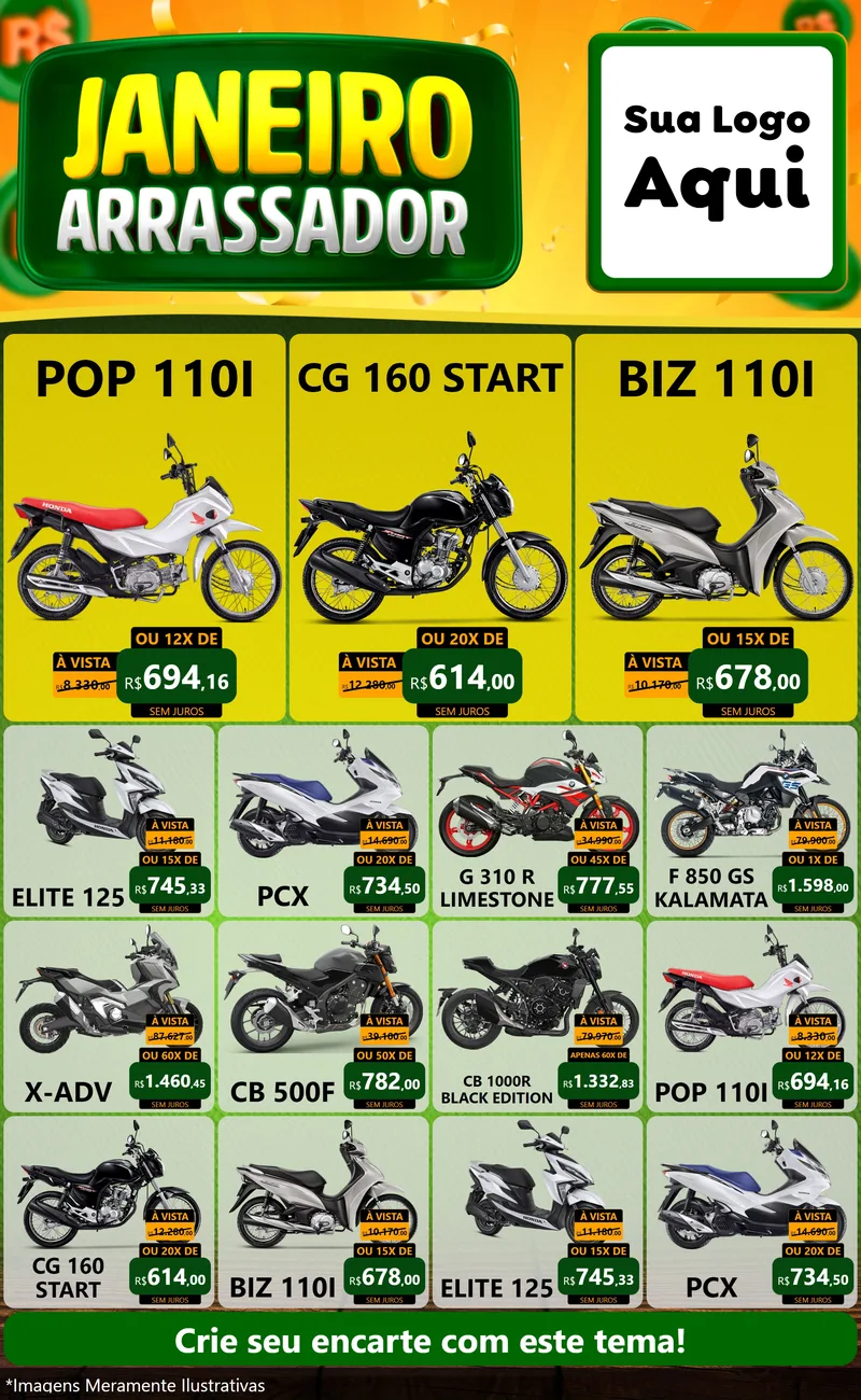 Modelo de Encarte para Encarte Grande com o tema Janeiro Arrasador para Concessionaria de Motos
