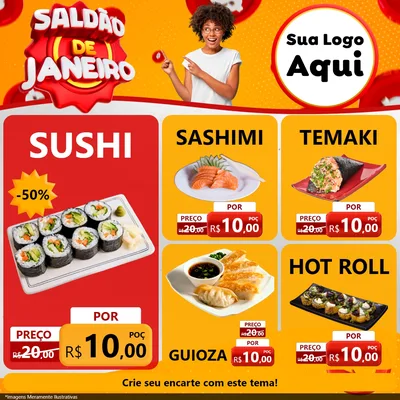 Modelo de Rede Social para Feed Facebook com o tema Saldão de Janeiro para Comida japonesa