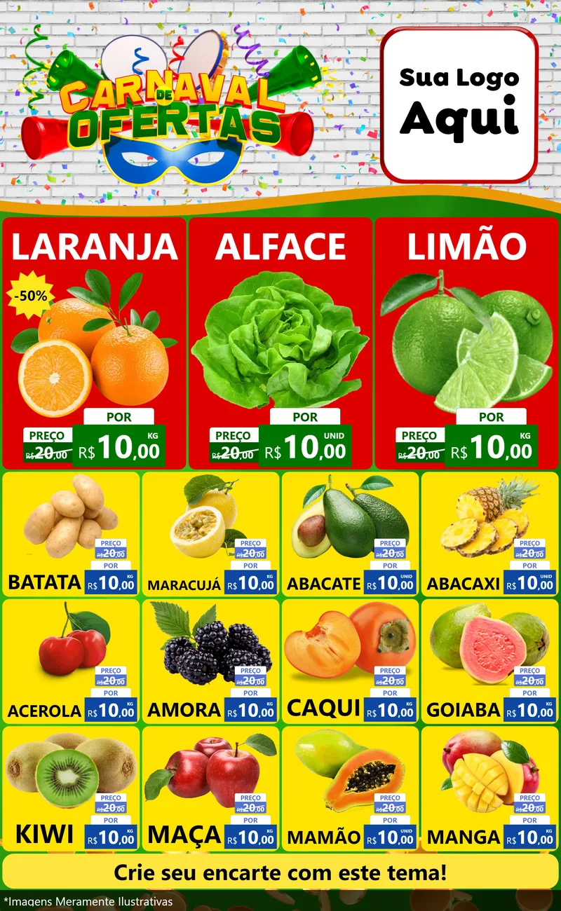 Modelo de Encarte para Encarte Grande com o tema Carnaval de Ofertas para Hortifrúti