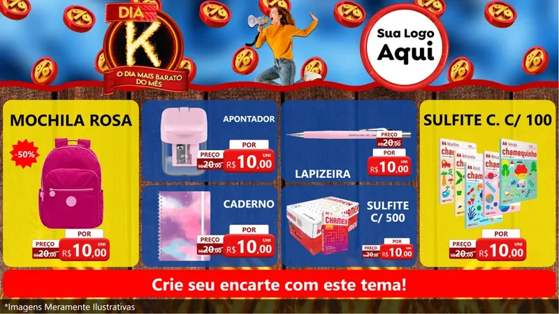 Modelo de TV para TV Horizontal com o tema Dia K - O Dia Mais Barato Do Mês para Papelaria