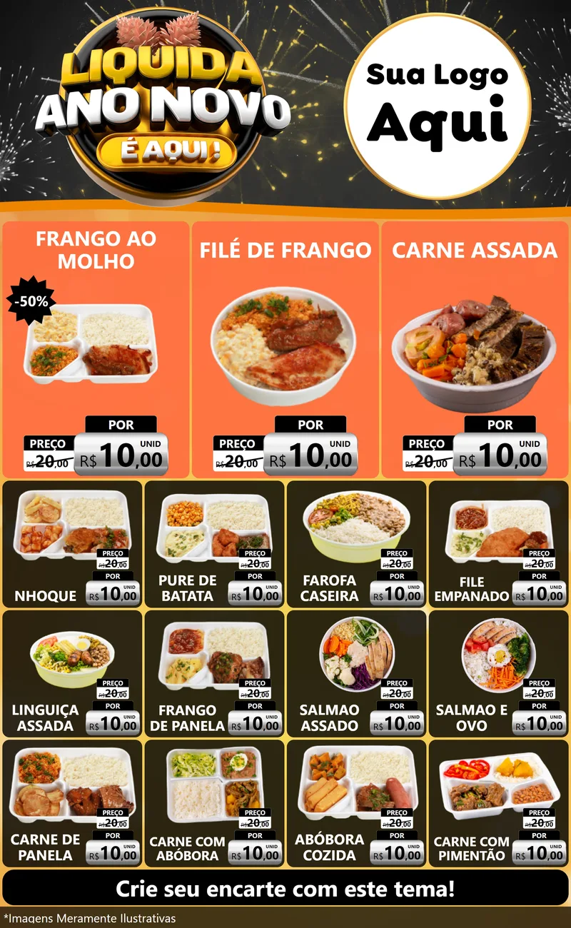 Modelo de Encarte para Encarte Grande com o tema Liquida Ano Novo É Aqui! para Restaurante