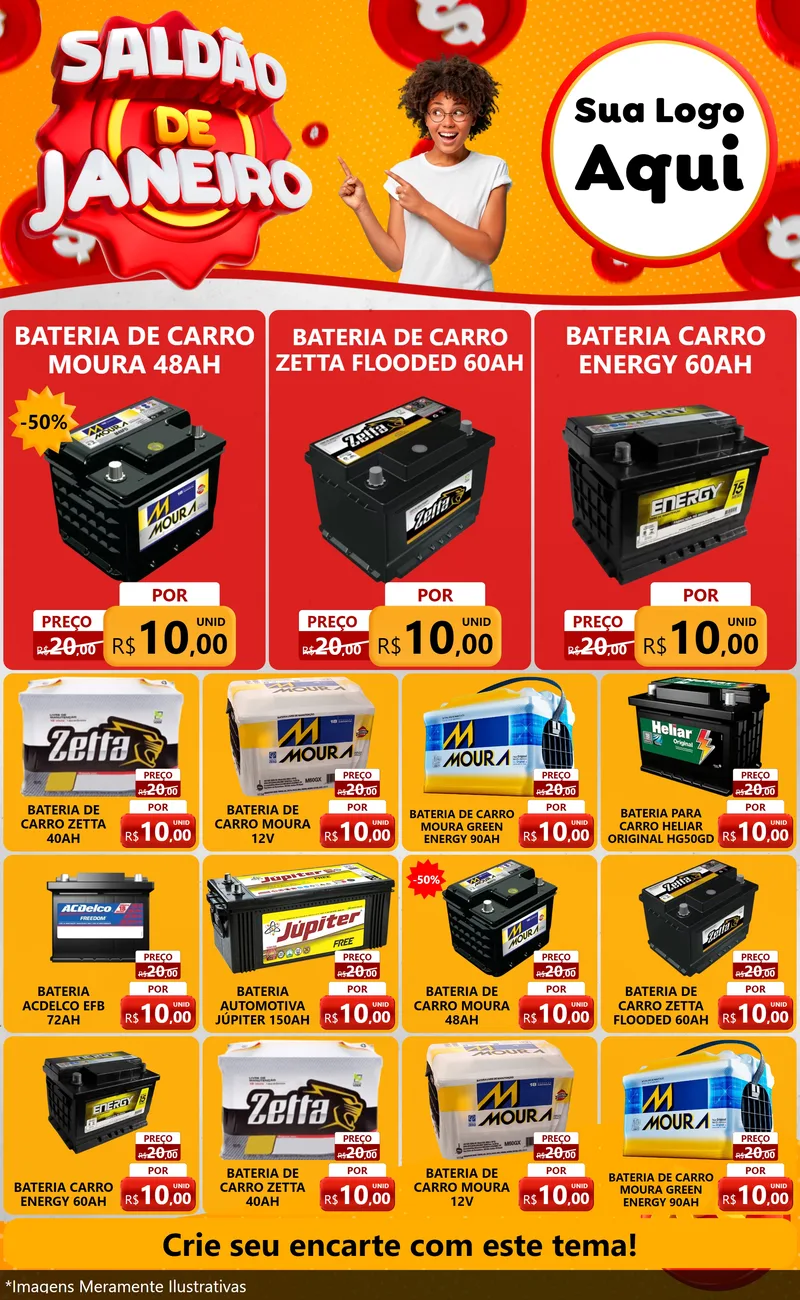 Modelo de Encarte para Encarte Grande com o tema Saldão de Janeiro para Baterias Elétricas