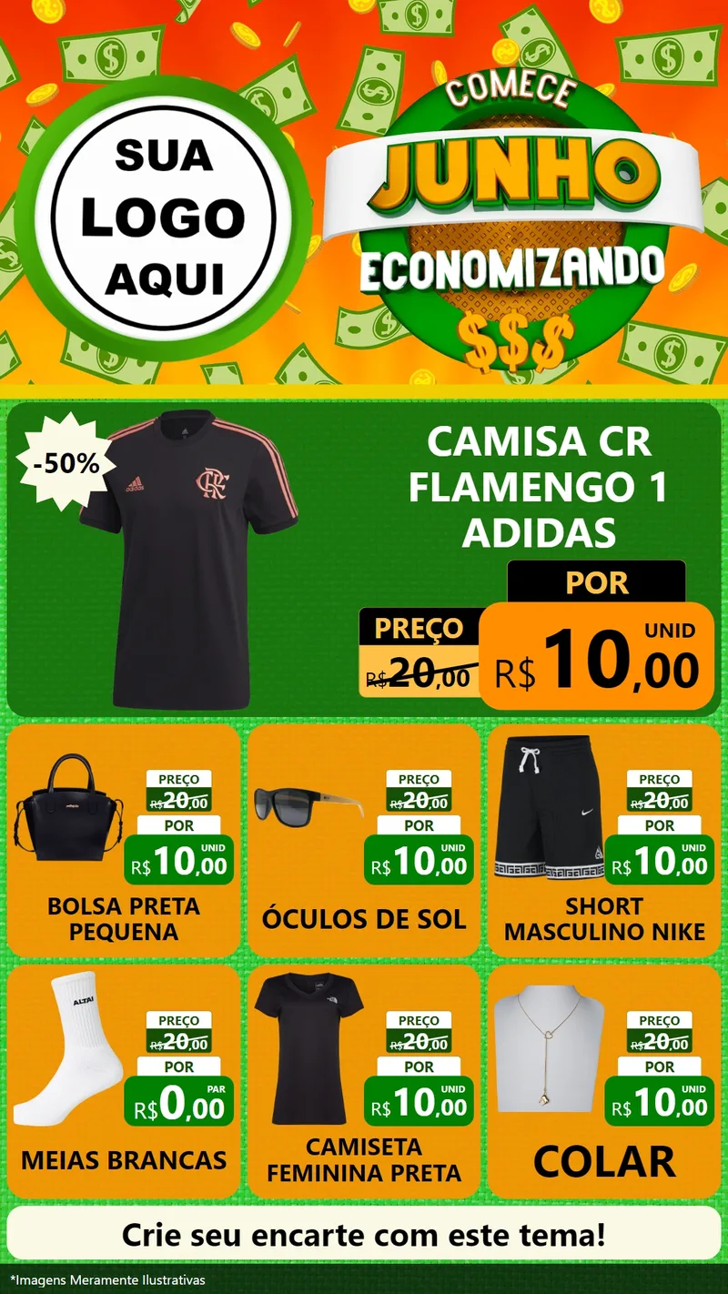 Modelo de Rede Social para Stories com o tema Comece Junho Economizando para Roupas e acessórios