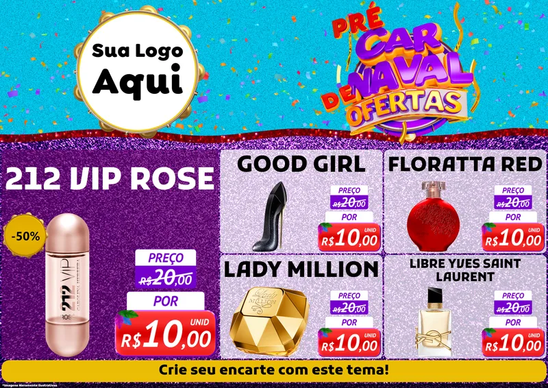 Modelo de Encarte para Encarte A4 Horizontal com o tema Pré Carnaval de Ofertas para Perfumes