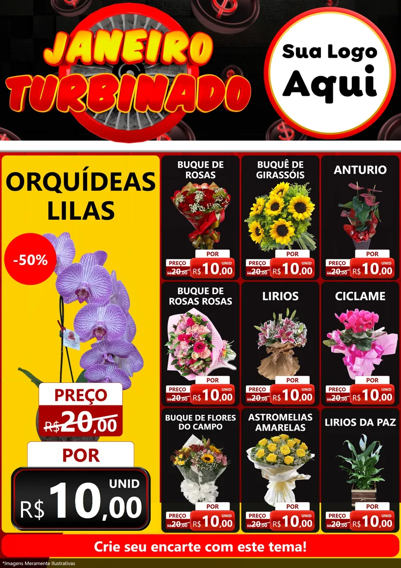 Modelo de Encarte para Encarte A4 Vertical com o tema Janeiro Turbinado para Floricultura e jardim