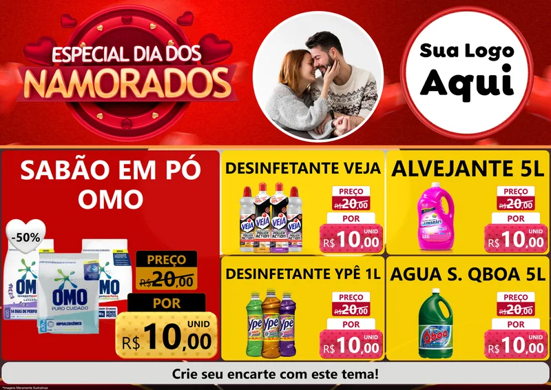 Modelo de Encarte para Encarte A4 Horizontal com o tema Especial Dia Dos Namorados para Produtos de Limpeza