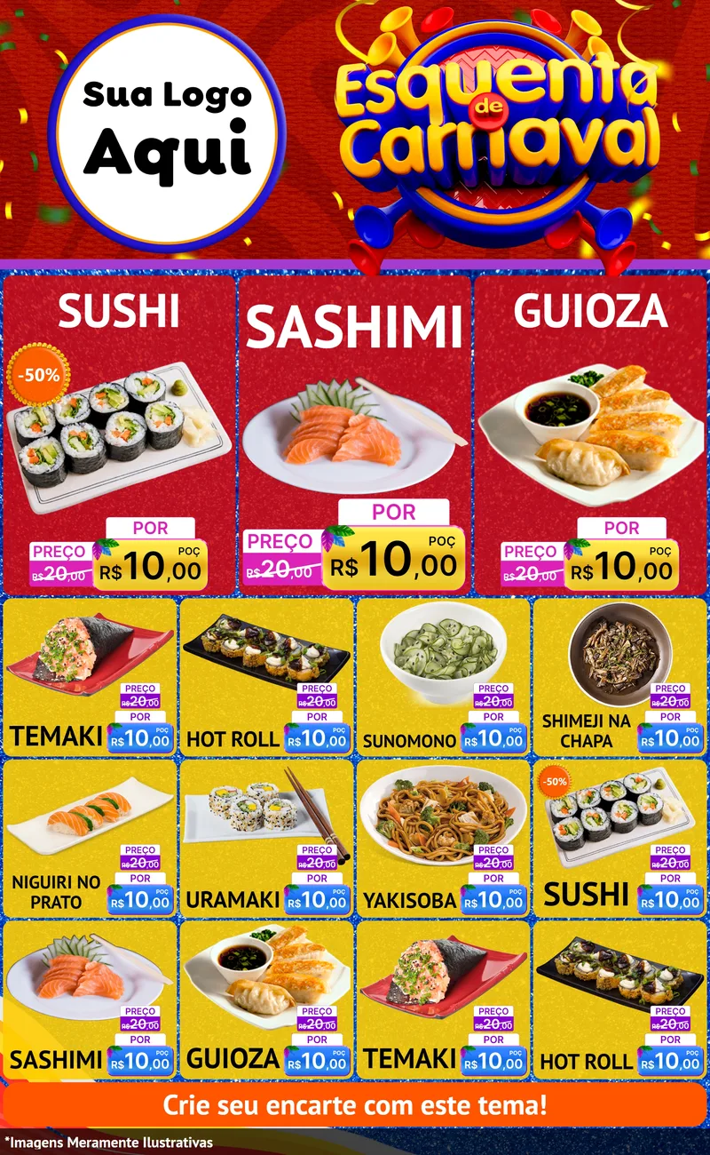 Modelo de Encarte para Encarte Grande com o tema Esquenta de Carnaval para Comida japonesa