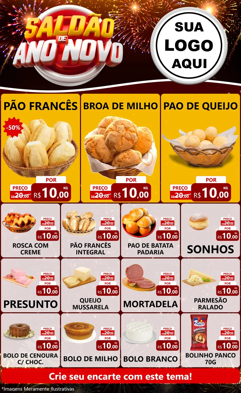 Modelo de Encarte para Encarte Grande com o tema Saldão de Ano Novo para Padaria