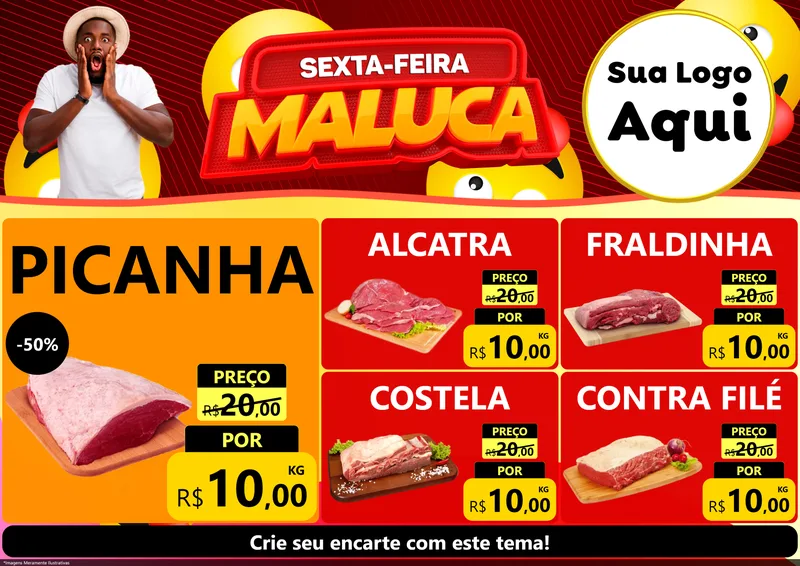 Modelo de Encarte para Encarte A4 Horizontal com o tema Sexta-feira Maluca para Açougue