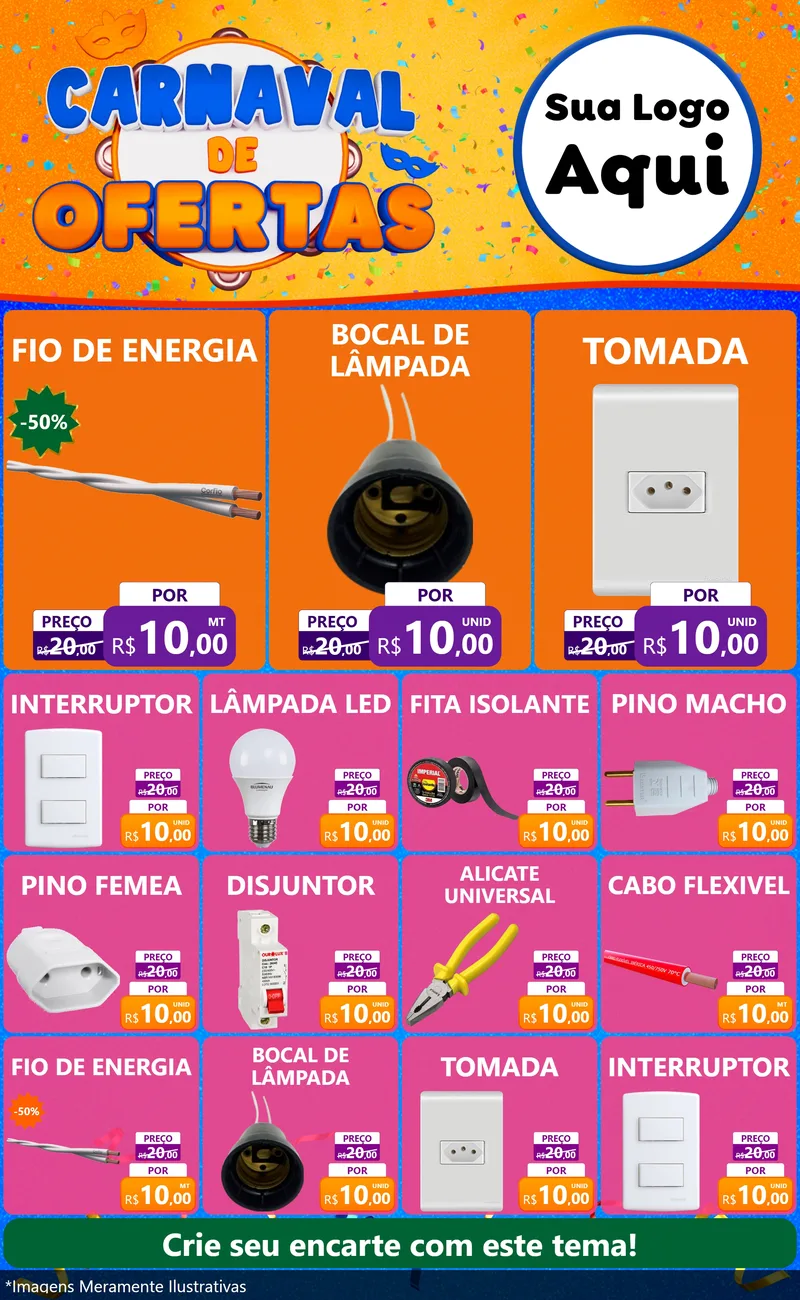 Modelo de Encarte para Encarte Grande com o tema Carnaval de Ofertas para Materiais Elétricos