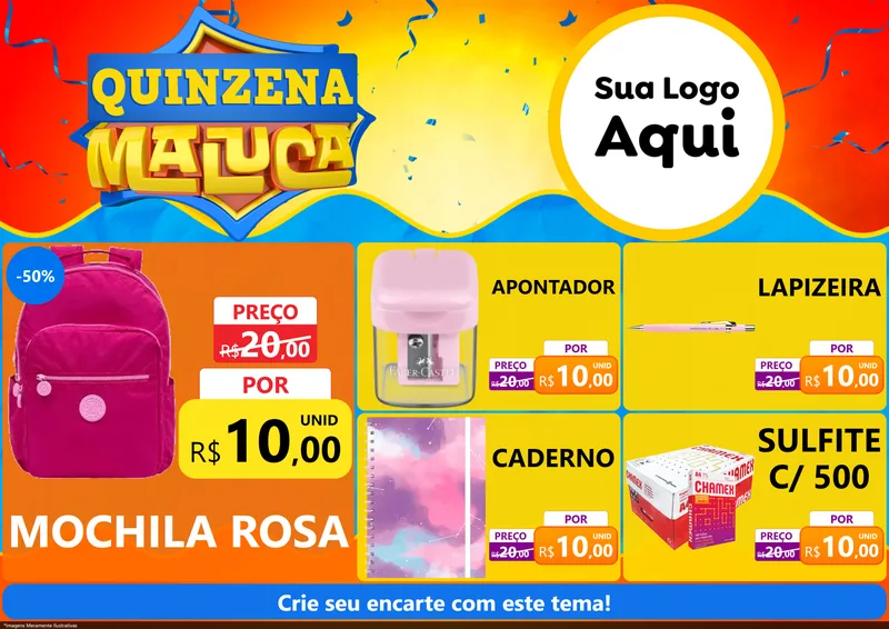 Modelo de Encarte para Encarte A4 Horizontal com o tema Quinzena Maluca para Papelaria