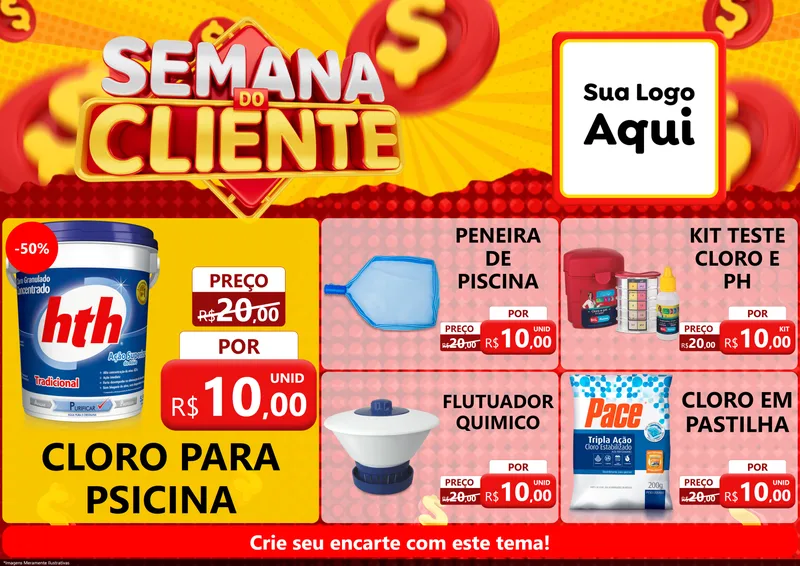 Modelo de Encarte para Encarte A4 Horizontal com o tema Semana do Cliente para Produtos para Piscina