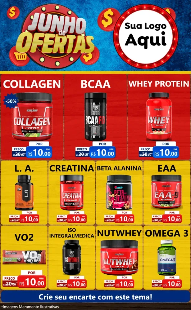 Modelo de Encarte para Encarte Grande com o tema Junho de Ofertas para Suplementos alimentares