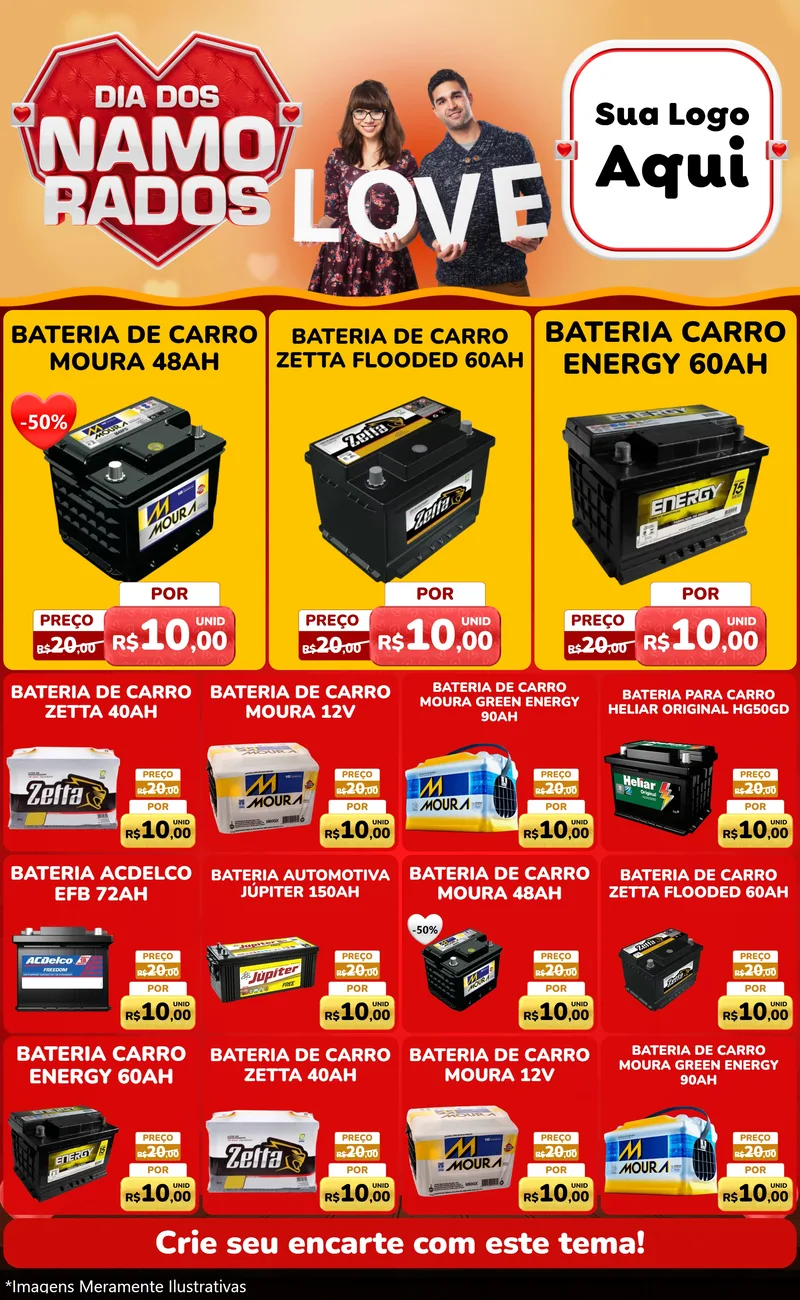 Modelo de Encarte para Encarte Grande com o tema Dia dos Namorados para Baterias Elétricas