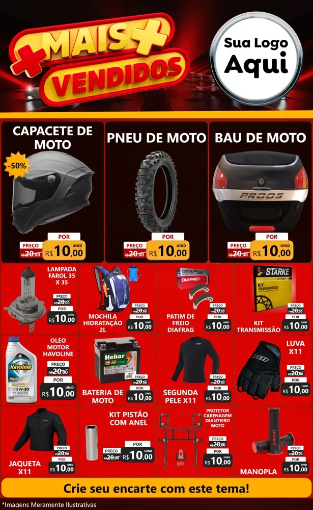 Modelo de Encarte para Encarte Grande com o tema Mais Vendidos para Moto peças