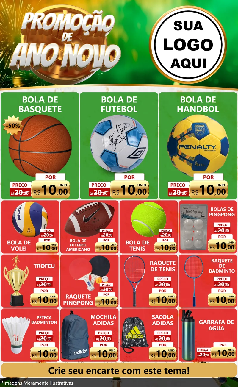 Modelo de Encarte para Encarte Grande com o tema Promoção de Ano Novo para Artigos Esportivos
