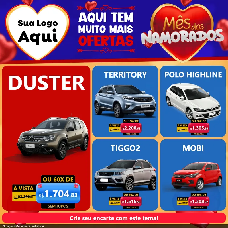 Modelo de Rede Social para Feed Facebook com o tema Mês dos Namorados para Concessionaria de Carros