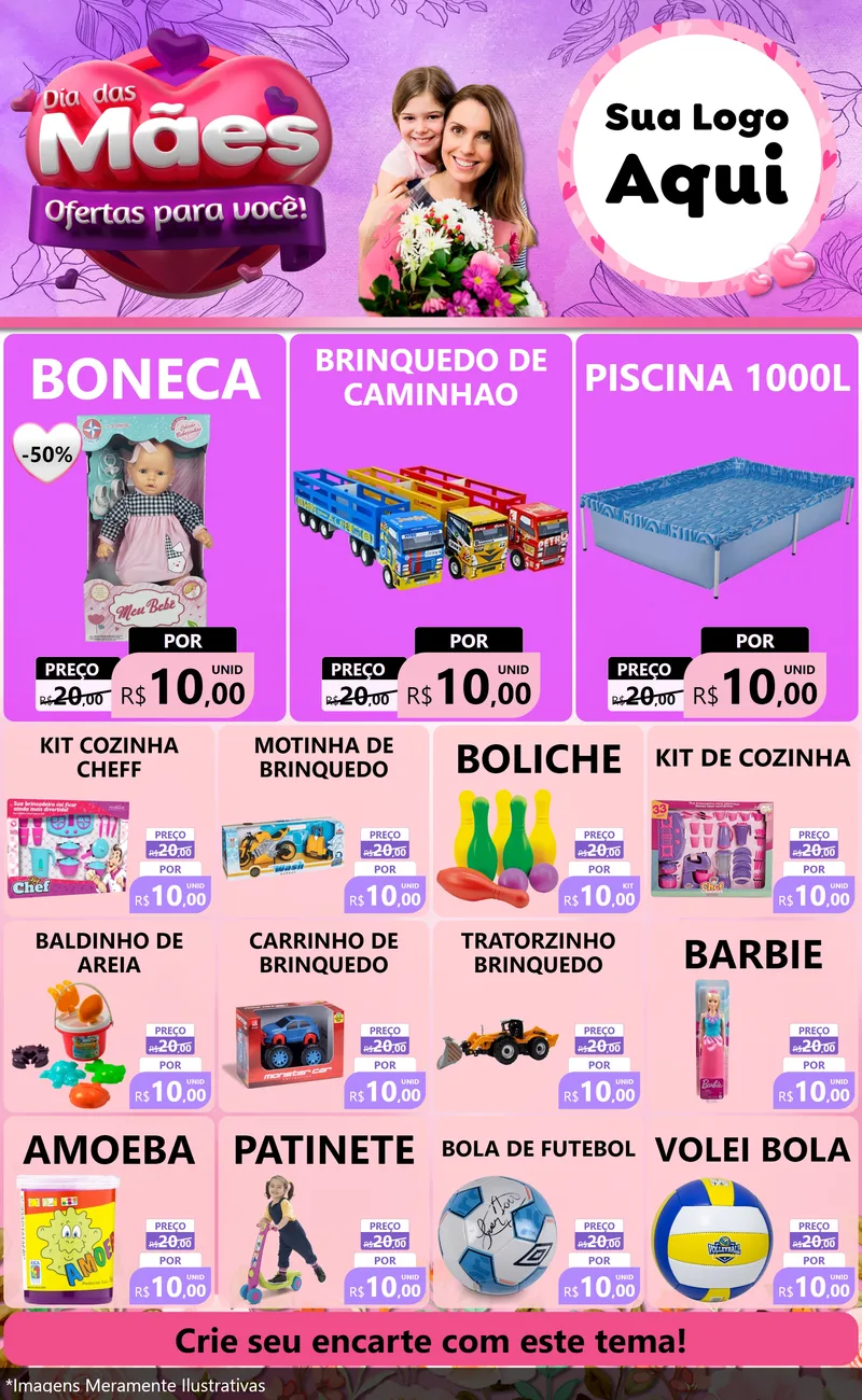 Modelo de Encarte para Encarte Grande com o tema Dia das Mães Ofertas para Você! para Brinquedos