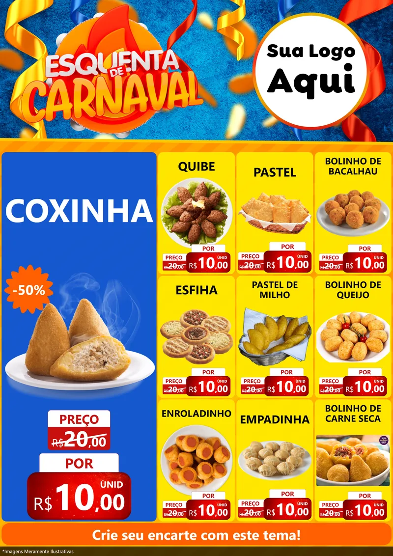 Modelo de Encarte para Encarte A4 Vertical com o tema Esquenta de Carnaval para Salgadaria
