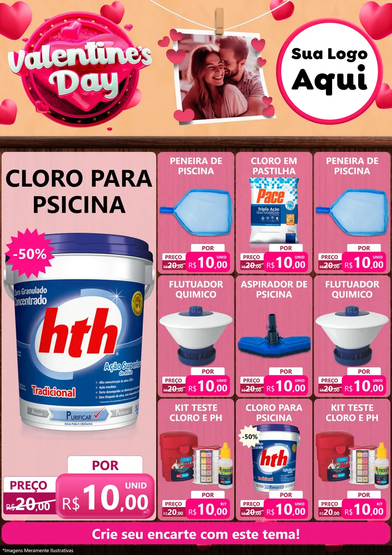 Modelo de Encarte para Encarte A4 Vertical com o tema Valentine's Day para Produtos para Piscina