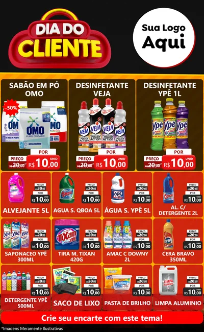 Modelo de Encarte para Encarte Grande com o tema Dia do Cliente para Produtos de Limpeza