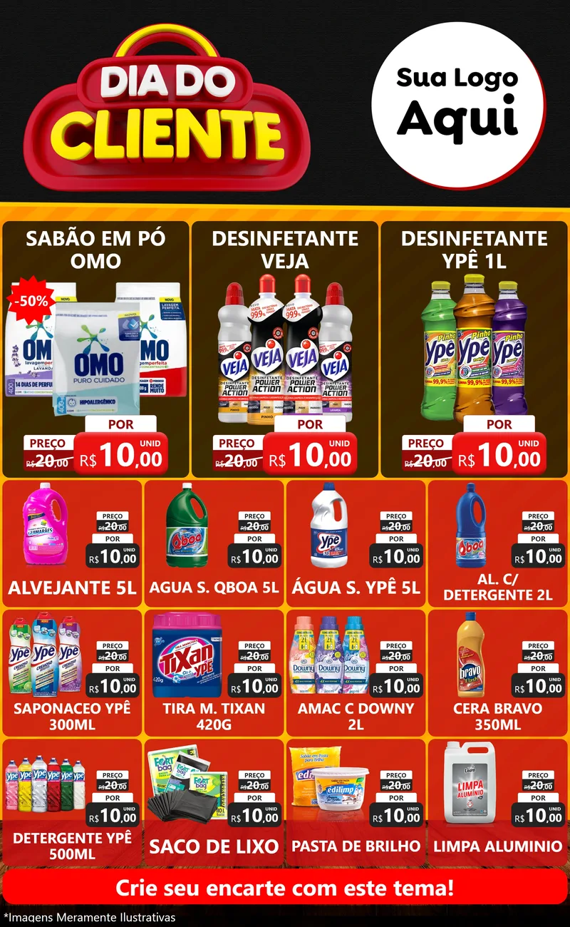Modelo de Encarte para Encarte Grande com o tema Dia do Cliente para Produtos de Limpeza