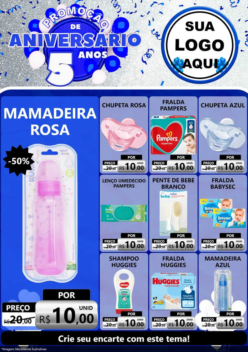 Modelo de Encarte para Encarte A4 Vertical com o tema Promoção de Aniversário - 5 Anos para Bebês